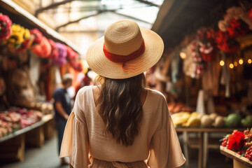 The back view of a young stylish woman strolling through a vibrant market, her straw hat adding a touch of elegance Generative AI