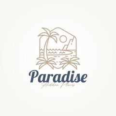 minimalist paradise beach hidden place line art badge icon logo template vector illustration design. simple modern villa resort, hotel, vacation emblem logo concept