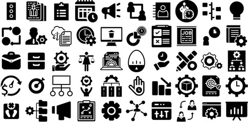 Huge Collection Of Management Icons Bundle Hand-Drawn Black Concept Pictograms Festival, People, Finance, Investment Symbol Isolated On White Background