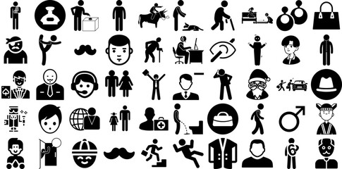 Mega Collection Of Man Icons Collection Hand-Drawn Isolated Modern Glyphs Carrying, Workwear, Silhouette, Profile Doodles Isolated On White
