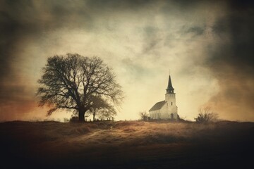 Obraz premium Old church in a foggy landscape with a tree in the foreground