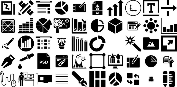 Massive Set Of Graphic Icons Pack Black Cartoon Elements Wind, Patient, Typography, Three-Dimensional Glyphs Vector Illustration