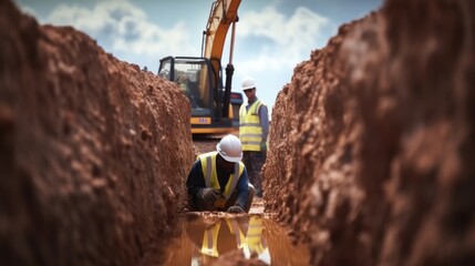 Construction worker wear safety uniform are excavation water drainage at construction site.