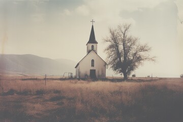 Fototapeta premium Church in the field. Vintage stylized photo. Toned.