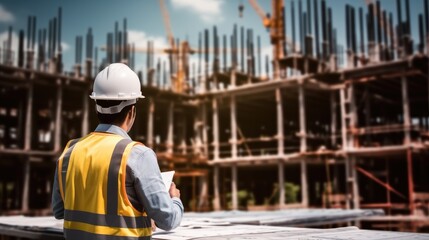 Fototapeta premium Man architect with blueprint are working on a building construction site.