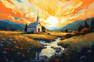 Beautiful landscape with a church in the mountains at sunset. Vector illustration