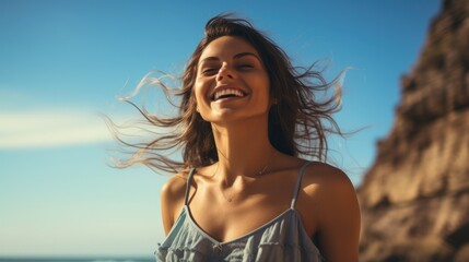 Beach vacation concept, Beautiful girl breathing and smiling on the beach at evening.