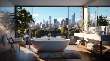 Fototapeta na wymiar Apartment bathroom with white bathtub with city view behind panoramic window.