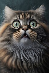 Cat expressing fear. A brown, long-haired cat looks up with large, open eyes. Very surprised, surprised, scared. Very expressive look. Generative AI