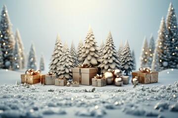 Fototapeta na wymiar realistic Christmas trees, Gifts box in snow drift, Merry Christmas and Happy New Year festive.
