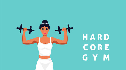Fototapeta na wymiar Fitness girl in gym, barbells dumbbells fitness, crossfit logo