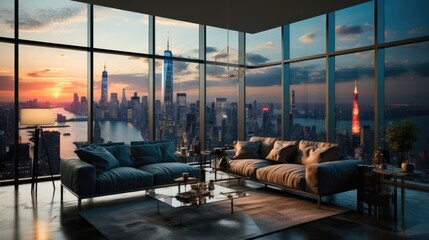 Fototapeta premium Minimalist apartment with city view, Contemporary decor and a touch of urban sophistication, Interior design of modern living room.
