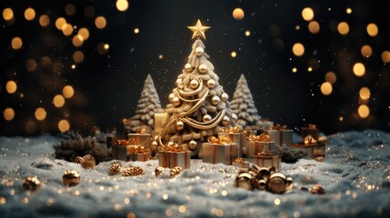 Christmas trees, golden confetti, Merry Christmas and Happy New Year festive, gifts box in snow drift, Xmas background winter nature, Holiday design.