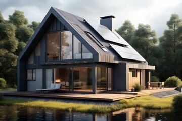Solar panels with house, Ecological environment concept, Passive house with solar panels.