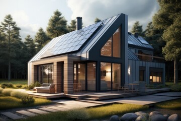Fototapeta na wymiar Passive house with solar panels, Sustainable Renewable Energy.