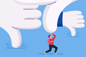 Naklejka premium Man running away from huge dislikes. Person with addiction to a positive feedback on the Internet. Social media concept. Vector graphics