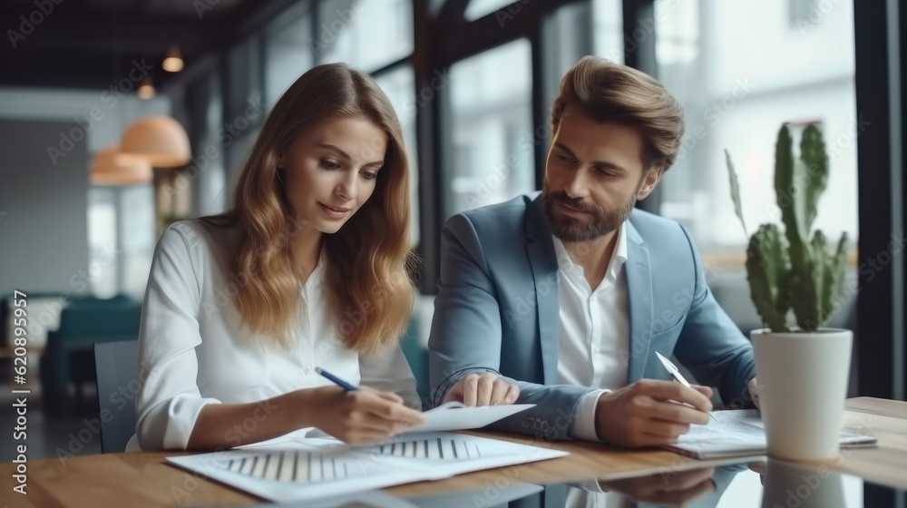 Poster two business people sit at desk discuss project details, explaining corporate software or working on