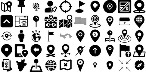 Big Collection Of Location Icons Collection Linear Vector Pictogram Geolocation, Navigator, Pointer, Orientation Signs Isolated On Transparent Background - obrazy, fototapety, plakaty