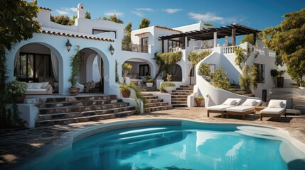 Fototapeta na wymiar White holiday villa, Traditional mediterranean white house with pool, travel holliday summer.