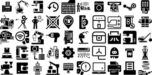 Massive Set Of Machine Icons Bundle Hand-Drawn Black Vector Signs Heavy, Coin, Tool, Maintain Signs Vector Illustration - obrazy, fototapety, plakaty