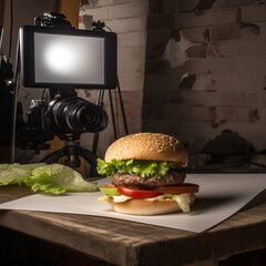 Food photography. Camera and product on the white background. Traditional burger with meat, cheese, lettuce and sauce. On a white background. Generative AI