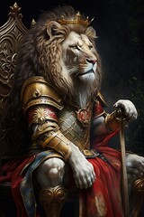 A majestic, regal lion sits on a throne. the ruler - the royal lion dressed in a red mantle with his royal attributes, closeup. Generative AI