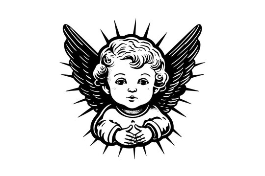 recommend clip art: Little angel logotype vector retro style engraving black and white illustration. Cute baby with wings