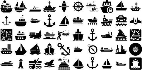 Massive Set Of Ship Icons Bundle Isolated Modern Symbol Silhouette, Spaceship, Icon, Yacht Buttons Isolated On White