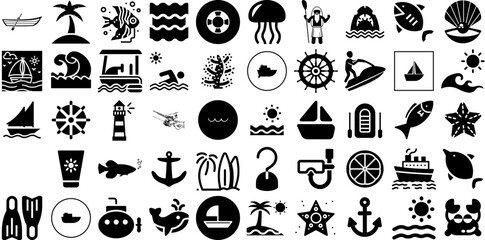 Massive Set Of Sea Icons Set Hand-Drawn Solid Simple Elements Anchor, Creature, Icon, Tortoise Graphic Isolated On Transparent Background