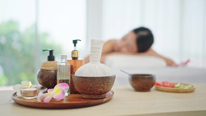 Massage equipment on tray. Items and accessories for spa massage in composition. Wellness center, Massage treatment concept