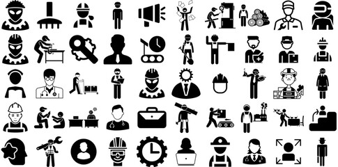 Massive Collection Of Worker Icons Set Hand-Drawn Black Cartoon Clip Art Welfare, Worker, Businesswoman, Businessman Pictograph Isolated On Transparent Background