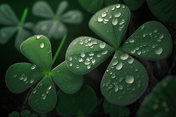 Clover leaf on a black background with fresh water drops. Great for bio, eco, green, healthy life concepts. Generative AI