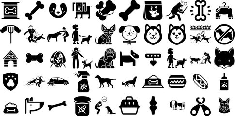 Massive Collection Of Dog Icons Collection Hand-Drawn Solid Drawing Glyphs Toe, Sweet, Profile, Silhouette Symbol Isolated On White