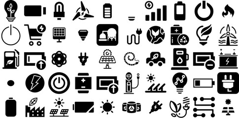 Massive Collection Of Energy Icons Collection Solid Cartoon Web Icon Infographic, Investment, Roof, Pointer Glyphs Isolated On Transparent Background
