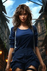 Fototapeta premium Beautiful hot anime girl in short shorts and jacket