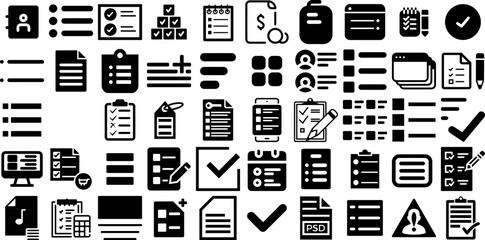 Huge Set Of List Icons Collection Hand-Drawn Isolated Design Silhouettes Icon, Magnifier, Product, Pointer Pictograph Isolated On Transparent Background - obrazy, fototapety, plakaty