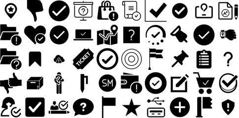 Huge Set Of Mark Icons Pack Hand-Drawn Black Concept Pictograms Sweet, Silhouette, Comma, Checkbox Symbol Isolated On White Background
