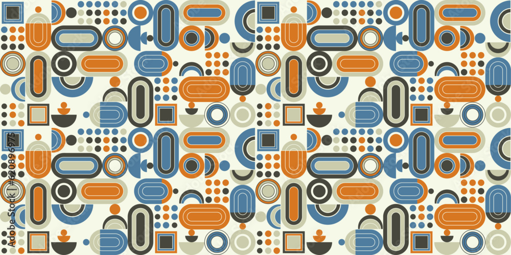 Poster Flat geometric retro style seamless pattern. Rounded shapes from geometry. Mosaic modern and stylish pattern for various surfaces, seamless and vector.
