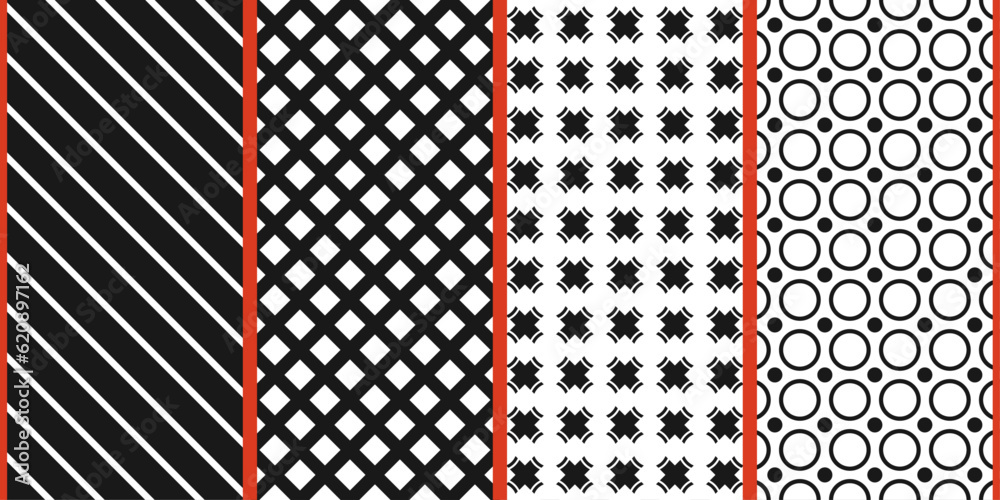 Aufkleber set of 4 simple black and white patterns. vector patterns of diagonals, dots, repeating pattern for 