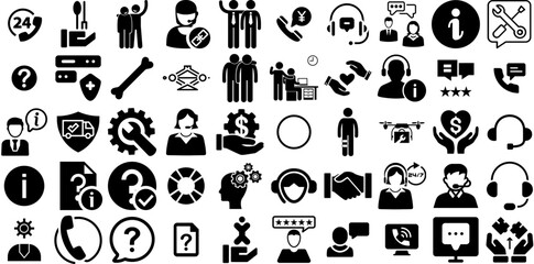 Big Collection Of Support Icons Bundle Solid Modern Glyphs Patient, Profile, People, Chat Logotype Isolated On White Background