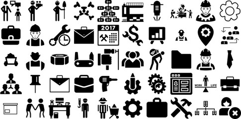 Big Set Of Work Icons Set Hand-Drawn Solid Design Glyphs Artist, Contractor, Health, Tool Buttons Isolated On White