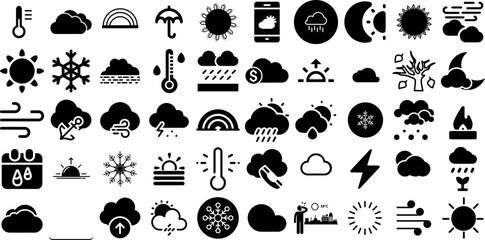 Big Set Of Weather Icons Bundle Hand-Drawn Black Cartoon Elements Icon, Symbol, Forecast, Weather Forecast Pictograph Vector Illustration