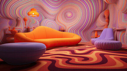 Psychodelic Living Room Interior, Modern interior design, 3D render, 3D illustration