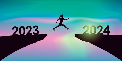 woman jumping over a cliff from 2023 to 2024 on aurora borealis background vector ilustration EPS10