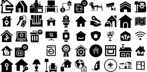 Huge Set Of Home Icons Pack Hand-Drawn Isolated Modern Silhouette Installation, People, Automation, Sensor Buttons Vector Illustration
