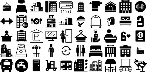 Huge Collection Of Hotel Icons Collection Hand-Drawn Linear Design Silhouettes Symbol, Infographic, Holiday Maker, Icon Pictogram Isolated On White Background