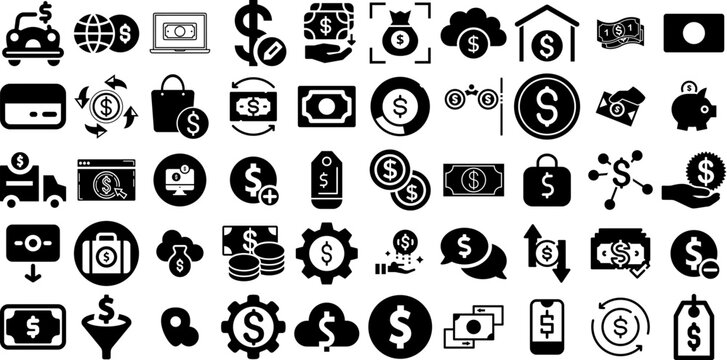 Huge Collection Of Dollar Icons Pack Hand-Drawn Linear Vector Clip Art Finance, Coin, Cheap, Icon Pictograms Isolated On White