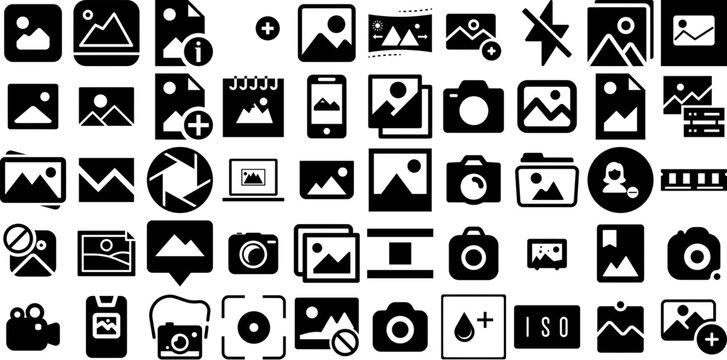 Huge Collection Of Image Icons Pack Isolated Drawing Silhouettes Icon, Purse, Sweet, Album Pictograph Vector Illustration