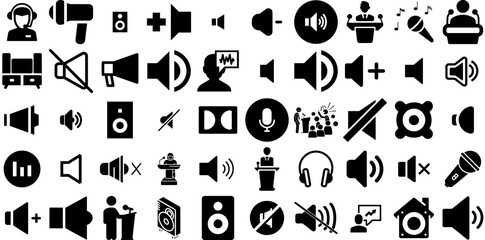 Huge Set Of Speaker Icons Set Black Design Signs Symbol, Distribution, Icon, Glyphs Silhouette Vector Illustration
