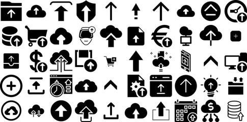 Massive Collection Of Upload Icons Bundle Isolated Cartoon Pictogram Website, Image, Icon, Technology Symbols Isolated On Transparent Background